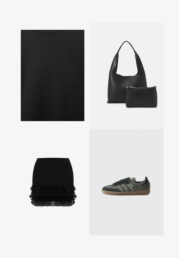 Sort bomuldsstof med glat struktur og rund halsudskæring, prydet med et subtilt, jævnt kornmønster. Ingen synlige logoer eller accenter.; Sort nederdel med en skræddersyet øverste sektion, lagdelte flæser ved kanten og en blød, let gennemsigtig tekstur. Ingen yderligere udsmykninger.; adidas Originals SAMBA OG - Sneakers - core black/legend earth/gum; Even&Odd Håndtasker - black