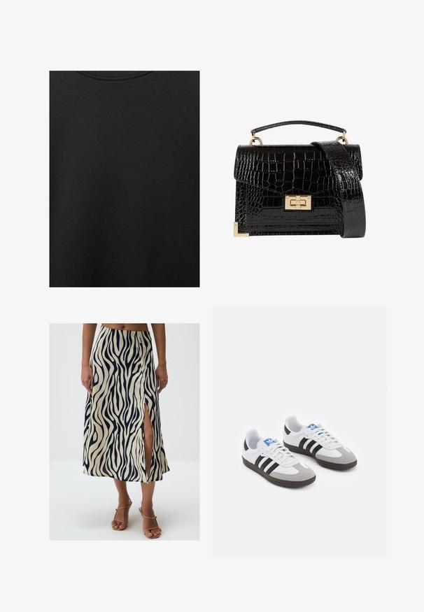 Tessuto di cotone nero con una texture liscia e scollatura rotonda, caratterizzato da un motivo a grana sottile e uniforme. Nessun logo o accento visibile.; Una gonna lunghezza ginocchio con una base crema e audaci strisce zebra blu notte, una fessura laterale e una texture di tessuto leggero.; Scarpe sportive con tomaia in pelle bianca, punta in suede grigia e tre strisce nere. Presentano un logo blu sulla linguetta e una suola in gomma testurizzata.; Borsa a tracolla nera in pelle verniciata con texture a coccodrillo, hardware dorato, manico superiore e una tracolla removibile. Forma rettangolare con chiusura a patta.