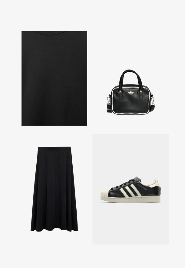 Tissu en coton noir avec une texture lisse et un col rond, présentant un motif grainé subtil et uniforme. Pas de logos ou d'accents visibles.; Jupe noire fluide en forme de A, fabriquée en tissu doux avec une taille élastique et une texture lisse, conçue pour un port confortable.; Baskets en cuir noir avec des rayures blanches, embout en caoutchouc, lacets noirs et semelle extérieure crème. Texture lisse avec une finition brillante.; Sac à main en cuir noir avec deux poignées courtes, quincaillerie argentée, accents blancs et un logo blanc. Présente une surface texturée et un design compact.