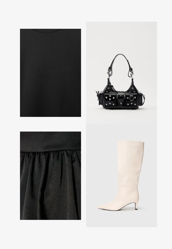 Schwarzer Baumwollstoff mit glatter Textur und Rundhalsausschnitt, der ein dezentes, gleichmäßiges Strukturmuster aufweist. Keine sichtbaren Logos oder Akzente.; Schwarzer Stoff mit subtiler Glanz, der eine geraffte Textur und fließende Falten aufweist. Glatte Oberfläche mit schimmernden Akzenten.; Cremefarbene kniehoche Lederstiefel mit spitzem Zehen und niedrigem Kittenheel auf neutralem Hintergrund.; Schwarze Lederhandtasche mit einem geschwungenen Design, verziert mit silbernen Nieten, einer Schnalle und zwei seitlichen Taschen. Verstellbarer Träger für verschiedene Tragemöglichkeiten.