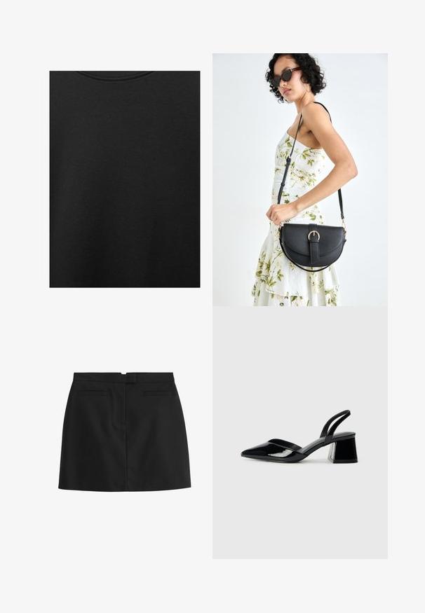 Schwarzer Baumwollstoff mit glatter Textur und Rundhalsausschnitt, der ein dezentes, gleichmäßiges Strukturmuster aufweist. Keine sichtbaren Logos oder Akzente.; Schwarzer Minirock aus glattem Material, mit geradem Schnitt, zwei Gesäßtaschen und einem verdeckten Reißverschlussverschluss auf der Rückseite.; Schwarze Lackleder-Slingback-High Heels mit spitzem Schuh und einem geometrischen Blockabsatz. Verfügt über ein schlankes, minimalistisches Design und eine glatte Textur.; Schwarze Lederhandtasche mit geschwungener Form, abnehmbarem Tragegurt und goldenen Beschlägen. Die Tasche verfügt über einen Deckel mit einer Schnallen-Details.