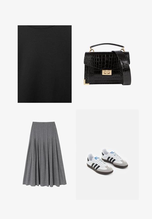 Tessuto di cotone nero con una texture liscia e scollatura rotonda, caratterizzato da un motivo a grana sottile e uniforme. Nessun logo o accento visibile.; Gonna grigia plissettata realizzata in tessuto leggero. Presenta una vita aderente e si allarga dolcemente verso l'orlo con una texture liscia.; Scarpe sportive con tomaia in pelle bianca, punta in suede grigia e tre strisce nere. Presentano un logo blu sulla linguetta e una suola in gomma testurizzata.; Borsa a tracolla nera in pelle verniciata con texture a coccodrillo, hardware dorato, manico superiore e una tracolla removibile. Forma rettangolare con chiusura a patta.