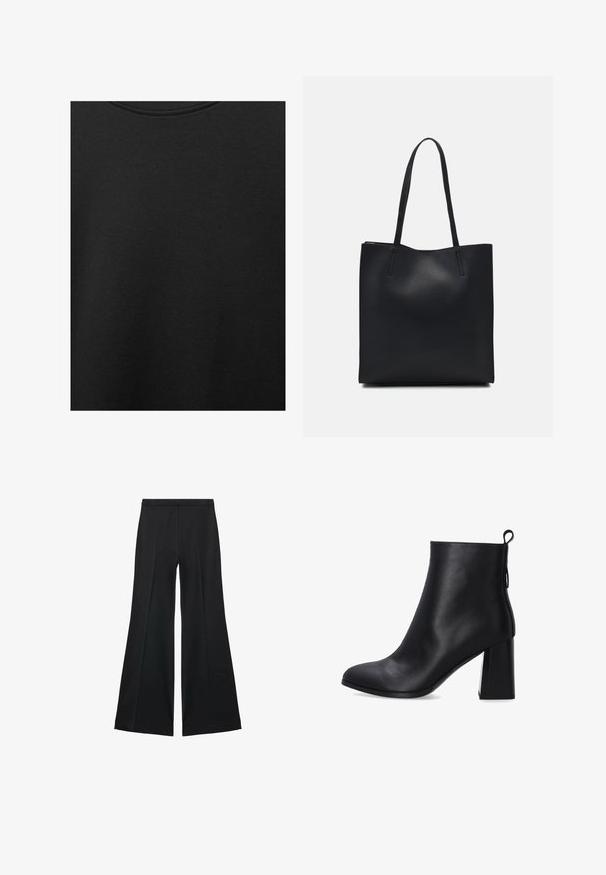 Černá bavlněná tkanina s hladkým povrchem a kulatým výstřihem, s jemným, rovnoměrným zrnem. Žádné viditelné loga ani akcenty.; Černé kalhoty s širokými nohavicemi a hladkou texturou, s předními sklady a přizpůsobeným střihem. Materiál je lehký a splývavý.; Černá kožená kotníková bota s hladkou texturou, kulatou špičkou a blokovým podpatkem. Vybavena poutkem na zadní straně pro snadné obouvání.; Černá kožená taška přes rameno s hladkým povrchem, obdélníkovým tvarem a dvěma dlouhými uchy. Žádné viditelné kování ani ozdoby.