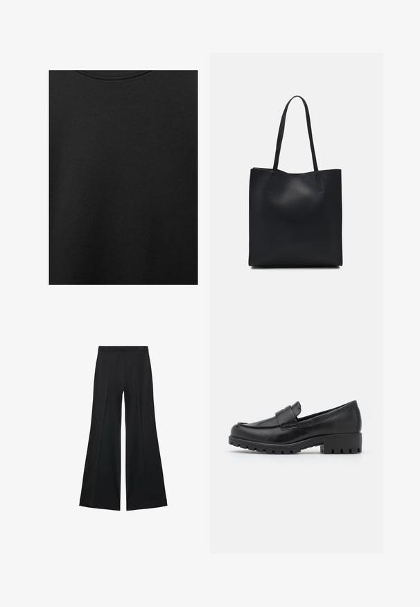 Zwarte katoen stof met een soepele textuur en een ronde halslijn, met een subtiele, gelijkmatige nerfpatroon. Geen zichtbare logo's of accenten.; Zwarte wijde-pijpen broek met een gladde textuur, gekenmerkt door voorplooien en een op maat gemaakte uitstraling. De stof is lichtgewicht en vloeiend.; Zwarte leren instappers met een ronde neus, een gestikte accent en een chunky rubberen zool met zichtbare profiel. Gladde oppervlak.; Zwarte leren handtas met een gladde textuur, rechthoekige vorm en twee lange handvaten. Geen zichtbare hardware of versieringen.