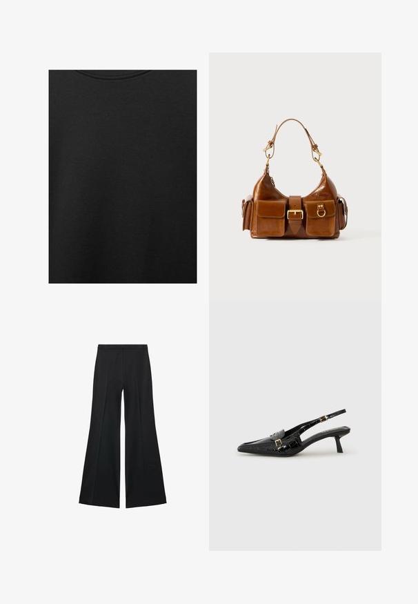 Tessuto di cotone nero con una texture liscia e scollatura rotonda, caratterizzato da un motivo a grana sottile e uniforme. Nessun logo o accento visibile.; Pantaloni neri a gamba larga con una texture liscia, caratterizzati da pieghe frontali e un design sartoriale. Il tessuto è leggero e fluido.; Décolleté nere a punta con cinturino slingback in pelle effetto coccodrillo, tacco sottile e dettagli decorativi in oro sulla fascia.; Borsa a tracolla in pelle marrone con forma curvata, hardware in tonalità oro duale, due tasche frontali e una cinghia larga. Texture liscia con una finitura elegante.