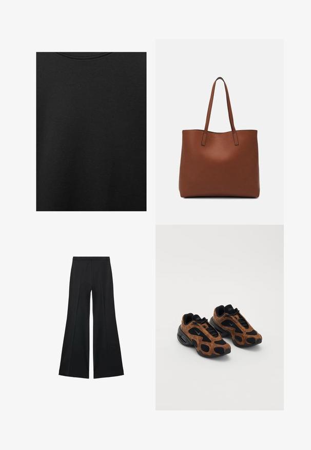 Črn bombažni material z gladko teksturo in okroglo izrezom, ki ima subtilen, enakomeren vzorec. Brez vidnih logotipov ali akcentov.; Črne široke hlače z gladko teksturo, ki imajo sprednje nabore in kroj po meri. Tkanina je lahka in zračna.; Rjave semiš in črne mrežaste superge zaokrožene oblike, z izrazitimi izrezi in masivnim črnim podplatom.; Rjava usnjena torba z gladko teksturo, odprto zasnovo zgoraj in dvema naramnima trakovoma. Opremljena je z minimalnim šivanjem in brez vidnih kovinskih delov.