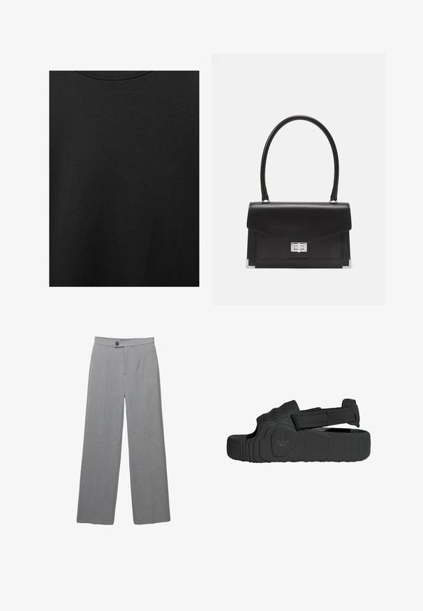 Černá bavlněná tkanina s hladkým povrchem a kulatým výstřihem, s jemným, rovnoměrným zrnem. Žádné viditelné loga ani akcenty.; Šedé upravené kalhoty s širokými nohavicemi, plochým předním dílem a jemnou texturou. Obsahují zapínání na jeden knoflík a čisté linie.; Černé sandály z texturované gumy s širokým páskem a nastavitelným zapínáním na suchý zip. Jsou vybaveny vzorovanou podrážkou a detailním logem značky.; Černá kožená kabelka se strukturovaným designem, horním uchopěním a stříbrným zapínáním. Obsahuje rohové akcenty a hladký povrch.