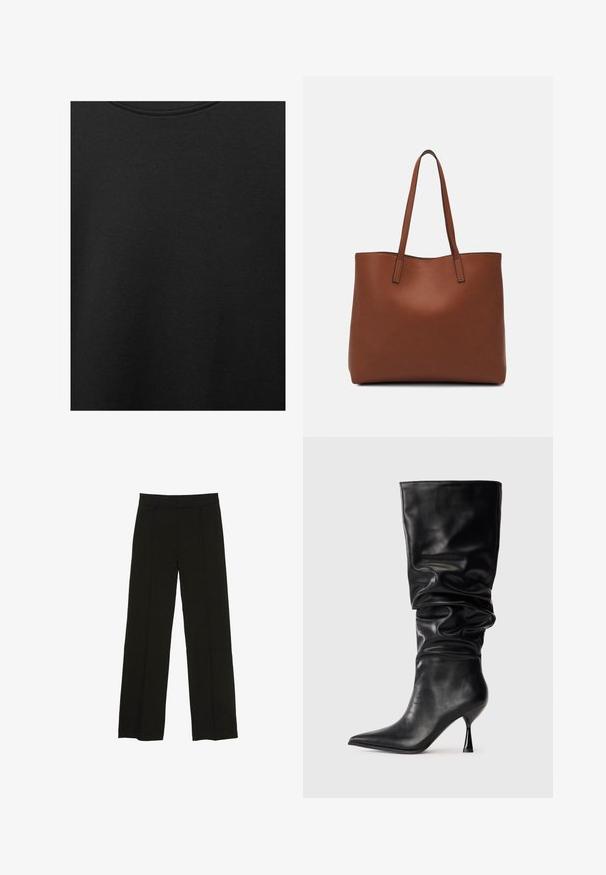 Țesătură de bumbac neagră cu o textură netedă și un guler rotund, având un model de granulație subtil și uniform. Fără logo-uri sau accente vizibile.; Pantaloni largi negri, confecționați dintr-un material fin, cu un talie ajustată și pliuri frontale subtile pentru un plus de textură.; Botă din piele neagră, până la genunchi, cu un design lejer, vârf ascuțit și toc subțire de tip stiletto, având o textură netedă și accente minime.; Geantă de umăr din piele maro cu o textură netedă, design cu vârf deschis și două curele pentru umăr. Prezintă cusături minime și fără componente metalice vizibile.