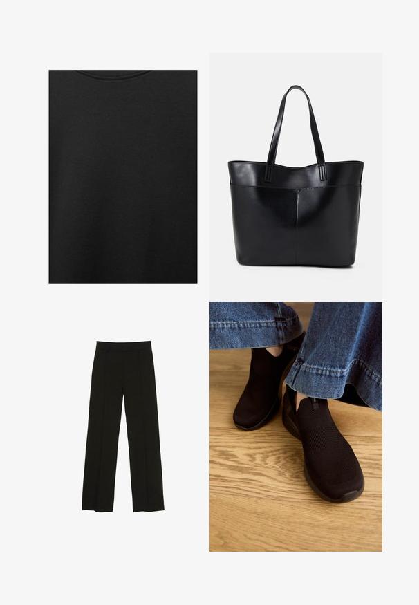 Svart bomullstyg med slät textur och rund halsringning, med ett subtilt, jämnt kornmönster. Inga synliga logotyper eller dekorationer.; Svarta vida byxor tillverkade av ett mjukt tyg, med en åtsittande midja och subtila framveck för en extra textur.; Svarta slip-on skor med en texturerad stickad överdel och elastisk öppning. Rund tåform och lågprofil stötdämpande sula, bärs med denimkant.; Svart läder tote-väska med två långa handtag, en slät yta och en strukturerad form. Har en framficka för extra förvaring.
