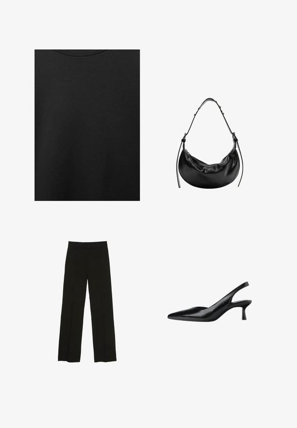 Tissu en coton noir avec une texture lisse et un col rond, présentant un motif grainé subtil et uniforme. Pas de logos ou d'accents visibles.; Pantalons larges noirs en tissu lisse, dotés d'une taille ajustée et de plis avant subtils pour ajouter de la texture.; Bottines noires à talons ouverts avec un bout pointu, fabriquées en matière synthétique texturée, présentant un talon fin et un design ouvert sur le côté.; Sac à main en cuir noir en forme de croissant, texture lisse et bandoulière réglable, avec de subtils accents en métal. Fermeture éclair visible.