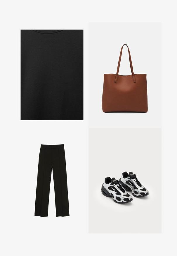 Crni pamučni materijal s glatkom teksturom i okruglim izrezom, s nježnim, ravnomjernim uzorkom. Nema vidljivih logotipa ili akcenata.; Crne široke hlače izrađene od glatkog materijala, s uskim pojasom i suptilnim prednjim naborima za dodatnu teksturu.; Crne i srebrne atletske tenisice s gornjim dijelom od mrežastog i sintetičkog materijala, s karakterističnim valovitim dizajnom i podstavljenim ovratnikom, zračnom amortizacijom u potplatu.; Smeđa kožna torba preko ramena s glatkom teksturom, otvorenim vrhom i dvjema naramenicama. Ima minimalne šavove i nema vidljivog hardvera.
