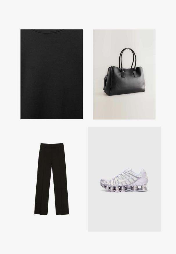 Sort bomuldsstof med glat struktur og rund halsudskæring, prydet med et subtilt, jævnt kornmønster. Ingen synlige logoer eller accenter.; Sorte brede bukser lavet af et glat stof, med en tætsiddende talje og subtile frontfolder for ekstra tekstur.; Hvide og lilla sportsko med en mesh-overdel, et karakteristisk bølgemønster og store, afrundede stødabsorberende puder i sålen.; Sort faux læder tote taske med to lange håndtag, struktureret form, glat tekstur og minimalistisk design. Ingen synlige hardware eller accenter.