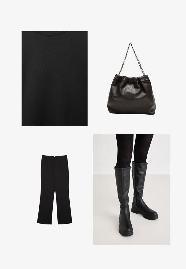 Svart bomullstyg med slät textur och rund halsringning, med ett subtilt, jämnt kornmönster. Inga synliga logotyper eller dekorationer.; Svarta byxor med rak passform, utrustade med framfickor och sidoklyvningar vid fållen. Tillverkade av mjukt, slätt tyg. Lämpliga för olika tillfällen.; Even&Odd Platåstövlar - black; Brun läderväska med rynkad topp och kedjesnodd. Slät textur med en blankslipad yta och subtila sömdetaljer på sidorna.