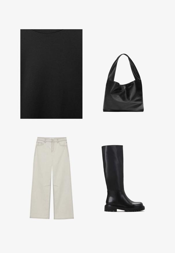 Zwarte katoen stof met een soepele textuur en een ronde halslijn, met een subtiele, gelijkmatige nerfpatroon. Geen zichtbare logo's of accenten.; Lichtgrijze wijde broek met vijf zakken, sluiting met een knoop aan de voorkant en contrasterende stiksels langs de naden. De stof lijkt zacht en duurzaam te zijn.; Zwarte kniehoge laarzen van glad leer. Kenmerken zijn een ronde teen, een stevige zool met ribbels en een minimalistisch ontwerp.; Zwarte leren tote bag met een zachte, slappe vormgeving, brede hengsels en een gladde textuur. Geen zichtbare hardware of versieringen.