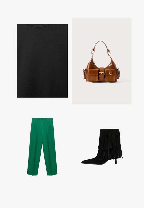 Černá bavlněná tkanina s hladkým povrchem a kulatým výstřihem, s jemným, rovnoměrným zrnem. Žádné viditelné loga ani akcenty.; Zelené kalhoty s širokými nohavicemi a vysokým pasem, hladkým povrchem a přizpůsobeným střihem. Bez viditelného kování nebo vzorů.; Černé semišové kotníkové boty s vrstveným střapcem, špičatou špičkou a vysokým podpatkem. Textura je měkká a povrch vypadá hladce.; Hnědá kožená kabelka zakřiveného tvaru se zlatě tónovanými detaily, dvěma předními kapsami a širokým popruhem. Hladká textura s elegantním povrchem.