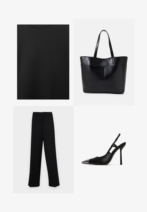 Fekete pamut anyag sima textúrával és kerek nyakkivágással, finom, egyenletes szemcsés mintázattal. Nincsenek látható logók vagy díszítések.; Fekete, széles szárú nadrág sima anyagból, klasszikus derékrésszel, gombzárral és elülső redőkkel.; Fekete slingback magassarkú, hegyes orral és fényes fém orral. Magas stiletto sarokkal és karcsú bokapánttal rendelkezik. Simafelhő bőrszerkezet.; Fekete bőr bevásárlótáska két hosszú fogantyúval, sima felülettel és strukturált formával. Elülső zseb található rajta a plusz tárolás érdekében.