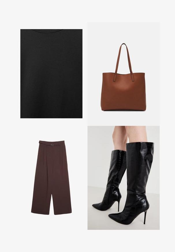 Tessuto di cotone nero con una texture liscia e scollatura rotonda, caratterizzato da un motivo a grana sottile e uniforme. Nessun logo o accento visibile.; Stradivarius WIDE-LEG WITH BUCKLE DETAIL - Pantaloni - dark brown; Even&Odd Stivali con i tacchi - black; Borsa tote in pelle marrone con texture liscia, design con apertura superiore e due spallacci. Presenta cuciture minime e nessun hardware visibile.