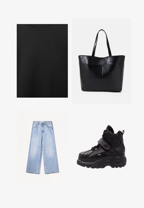 Țesătură de bumbac neagră cu o textură netedă și un guler rotund, având un model de granulație subtil și uniform. Fără logo-uri sau accente vizibile.; Bershka WIDE-LEG - Wide leg - light-blue denim; Adidași negri de tip high-top, cu o talpă din cauciuc groasă, partea superioară din piele, închidere cu șireturi și arici, și detalii texturate pe panoul lateral.; Geantă oversized din piele neagră, cu două mânere lungi, de textură netedă și formă structurată. Are un buzunar frontal pentru stocare suplimentară.
