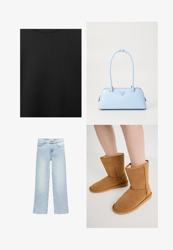Țesătură de bumbac neagră cu o textură netedă și un guler rotund, având un model de granulație subtil și uniform. Fără logo-uri sau accente vizibile.; Jeans denim de culoare albastru deschis, cu picioare largi, talie înaltă, cinci buzunare și închidere cu nasturi. Prezintă detalii minime de cusătură.; Botine din suede bej cu o căptușeală moale de culoare crem. Prezintă o talpă plată și detalii cusute de-a lungul cusăturilor, concepute pentru confort.; Geantă de mână bleu deschis, cu o formă structurată, din piele netedă, două mânere și un logo de brand triunghiular pe față. Închidere cu fermoar.