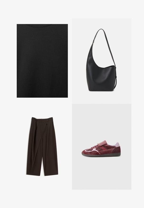 Țesătură de bumbac neagră cu o textură netedă și un guler rotund, având un model de granulație subtil și uniform. Fără logo-uri sau accente vizibile.; Pantaloni largi de culoare maron închis, cu talie înaltă, având închiere cu un singur nasture și un față pliată. Confectionați dintr-un material ușor.; Tenisi roșii din suede, cu vârf neted, panouri laterale texturate, șireturi tonale și o curea cu Velcro. Prezintă o talpă exterioară din cauciuc negru, rezistentă.; Geantă hobo din piele neagră, cu o textură netedă, formă curbată și un singur bretele ajustabil; are o deschidere largă în partea de sus.