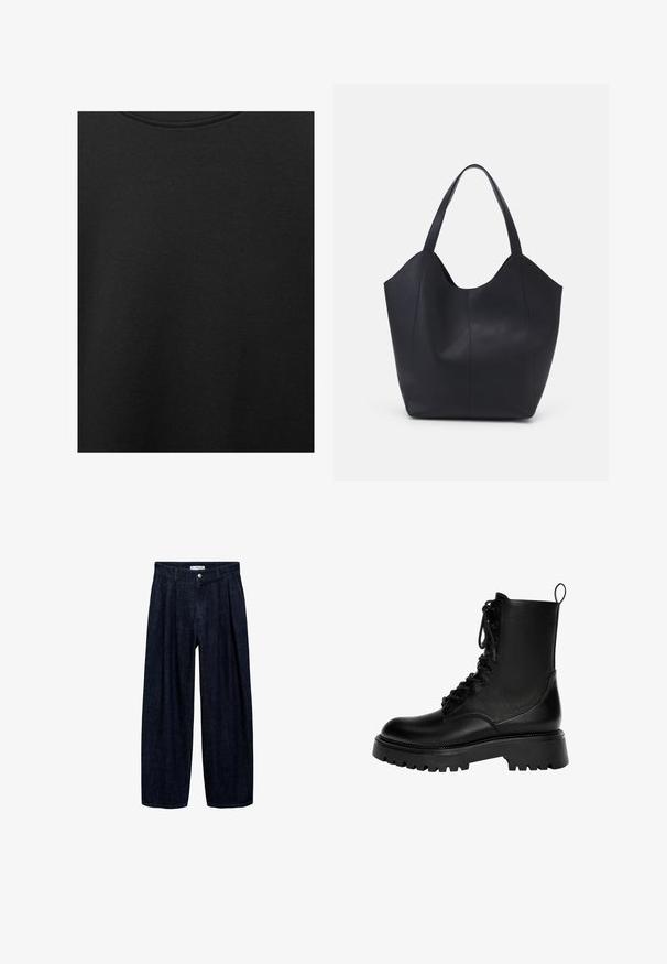 Tessuto di cotone nero con una texture liscia e scollatura rotonda, caratterizzato da un motivo a grana sottile e uniforme. Nessun logo o accento visibile.; Pantaloni wide-leg in denim scuro con pieghe in vita, dotati di un bottone frontale e passanti per cintura. Texture liscia e design a lunghezza completa.; Stivale alla caviglia con lacci di colore nero, realizzato in pelle sintetica, con una suola spessa, un passante e dettagli di cucitura evidenti.; Borsa tote nera realizzata in pelle liscia, con una parte superiore curva e aperta, dotata di due manici per spalla e un design minimalista.