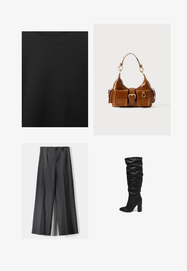 Črn bombažni material z gladko teksturo in okroglo izrezom, ki ima subtilen, enakomeren vzorec. Brez vidnih logotipov ali akcentov.; Hlače širokega kroja v temno sivi tkanini, z gumbnim zapenjanjem, sprednjimi naborki in zankami za pas. Gladka tekstura s prilagojenim dizajnom.; Črne škornje do kolen iz teksturirane usnje s spuščeno zasnovo in špičastim nosom, opremljene s debelim blokastim petkom.; Rjava usnjena torbica s ukrivljeno obliko, dvojno zlato obarvano kovinsko okovje, dva sprednja žepa in širok pas. Gladka tekstura z elegIntnim videzom.