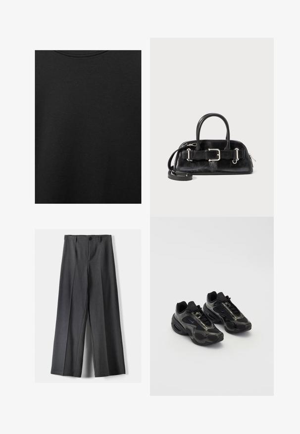 Țesătură de bumbac neagră cu o textură netedă și un guler rotund, având un model de granulație subtil și uniform. Fără logo-uri sau accente vizibile.; Pantaloni evazați din țesătură gri închis, cu închidere cu buton, pliseuri frontale și curea. Textură netedă cu un design ajustat.; Încălțăminte sport neagră din material sintetic, cu accente din plasă și tălpi rotunjite. Dispune de un sistem de șireturi și un logo Nike proeminent pe limbă.; Geantă din piele neagră cu închidere cu fermoar, două mâneri scurte și o curea de umăr detașabilă; prezintă un detaliu cu cataramă pe curea.