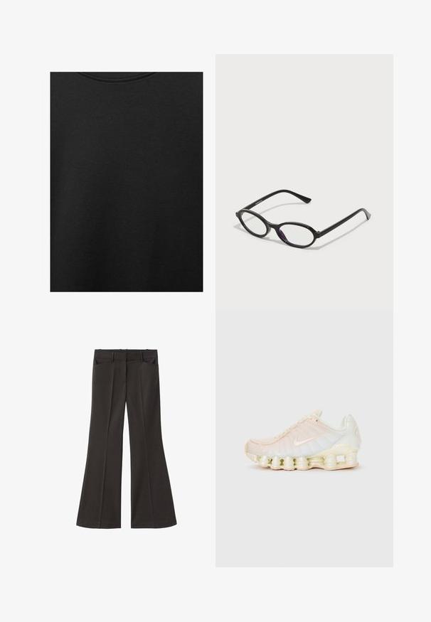 Țesătură de bumbac neagră cu o textură netedă și un guler rotund, având un model de granulație subtil și uniform. Fără logo-uri sau accente vizibile.; Pantaloni evazați negri, cu talie înaltă; au două buzunare frontale și o textură de stofă netedă. Potriviți pentru diverse ocazii.; Pantofi Nike cu un material superior translucid în nuanțe pastelate delicate, panouri texturate și o talpă distinctivă cu un sistem de amortizare alcătuit din segmente suprapuse.; Ochelari cu ramă ovală neagră, cu accente translucide de violet pe lentile. Ramele au un finisaj mat și clești subțiri, drepți.; Geantă tote din piele verde măslinie cu două mânere, textură netedă și design din patru panouri. Cusături întărite pe margini pentru durabilitate.