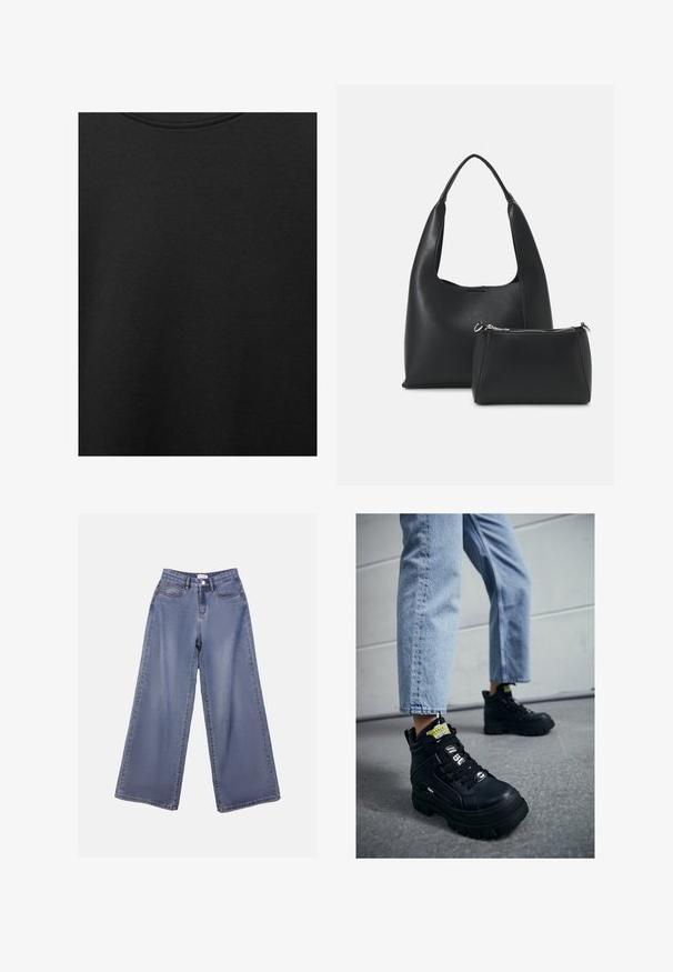 Czarna bawełniana tkanina o gładkiej teksturze i okrągłym dekolcie, z delikatnym, równomiernym wzorem włókna. Brak widocznych logo lub akcentów.; Jasnoniebieskie dżinsy o szerokich nogawkach z wysokim stanem, z kieszeniami z przodu oraz zapięciem na guziki i pętelkami na pasek.; Czarne sneakersy za kostkę z masywną podeszwą, z sznurowanym designem, akcentami w postaci logo i żółtymi metkami. Noszone z jasnoniebieskimi, skróconymi dżinsami.; Even&Odd - Torebka