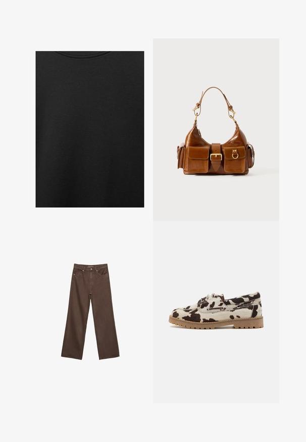 Schwarzer Baumwollstoff mit glatter Textur und Rundhalsausschnitt, der ein dezentes, gleichmäßiges Strukturmuster aufweist. Keine sichtbaren Logos oder Akzente.; Weite braune Jeans aus Denim, mit hoher Taille, Fronttaschen und klassischem Knopfverschluss. Glatte Textur mit feinen Nähten.; Lederimitat-Schuhe mit einem cremefarbenen Grund und dunkelbraunen Flecken, gefertigt mit einer Gummisohle und Schnürdetails.; Braune Lederhandtasche mit geschwungener Form, doppelter goldfarbener Hardware, zwei Fronttaschen und einem breiten Tragegurt. Glatte Textur mit elegantem Finish.