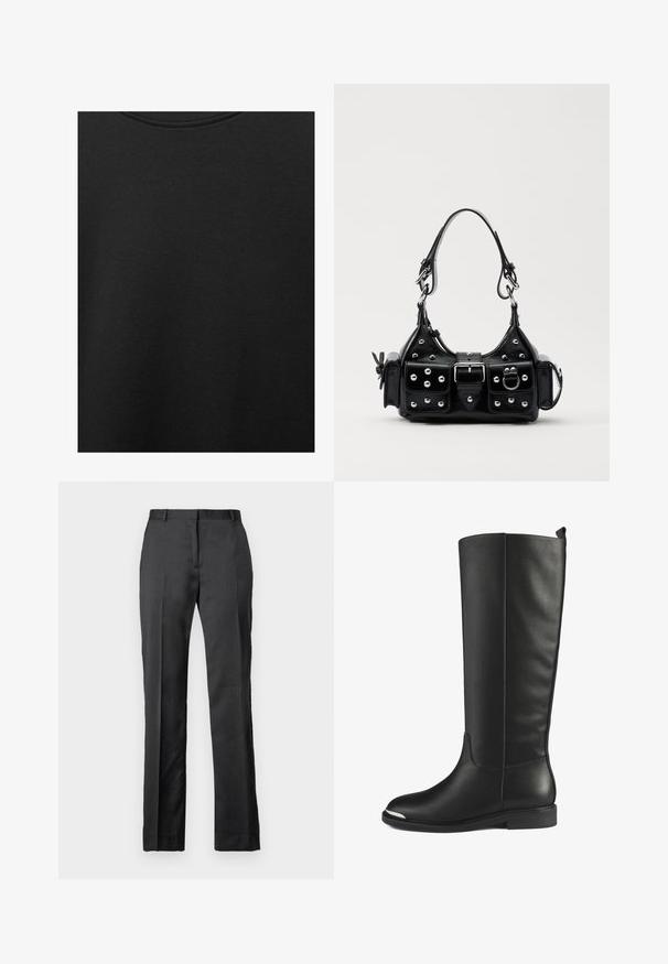 Tessuto di cotone nero con una texture liscia e scollatura rotonda, caratterizzato da un motivo a grana sottile e uniforme. Nessun logo o accento visibile.; Pantaloni neri su misura realizzati in un tessuto morbido. Presentano un design a gamba dritta, vita piatta e dettagli di piega sottili.; Stivali neri in pelle alti fino al ginocchio con una superficie liscia, punta arrotondata e dettagli in argento sulla punta. Caratterizzati da un tacco basso e piatto e un design senza cuciture.; Borsa a mano in pelle nera con design curvo, caratterizzata da borchie argentate, una fibbia e due tasche laterali. Tracolla regolabile per diverse opzioni di trasporto.
