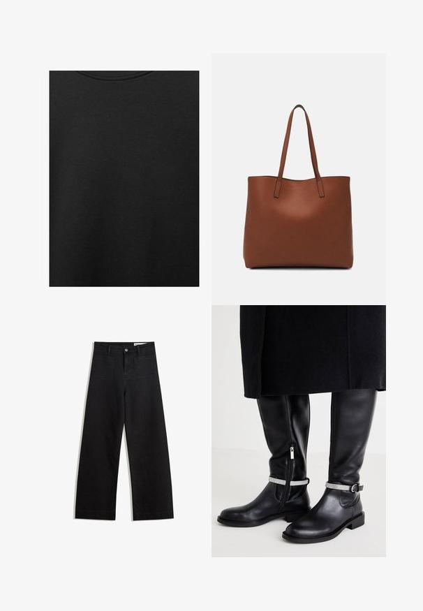 Musta puuvillakangas, jossa on sileä pinta ja pyöreä pääntie, ominaisuutena hienovarainen ja tasainen rakennekuvio. Ei näkyviä logoja tai korostuksia.; Mustat leveät farkut korkealla vyötäröllä, joissa on etu- ja takataskut, ommellut saumat ja nappisuljenta. Silkinoinen rakenne.; Mustat nahkaiset polvipituiset saappaat, joissa on sivuvetoketju, hopeinen koristehihna nilkan ympärillä ja matala paksukorko.; Ruskea nahkainen olkalaukku, jossa on sileä pinta, avoin yläosa ja kaksi olkahihnaa. Omaavat vain minimaalisen ompelun eikä näkyvää metalliosaa.