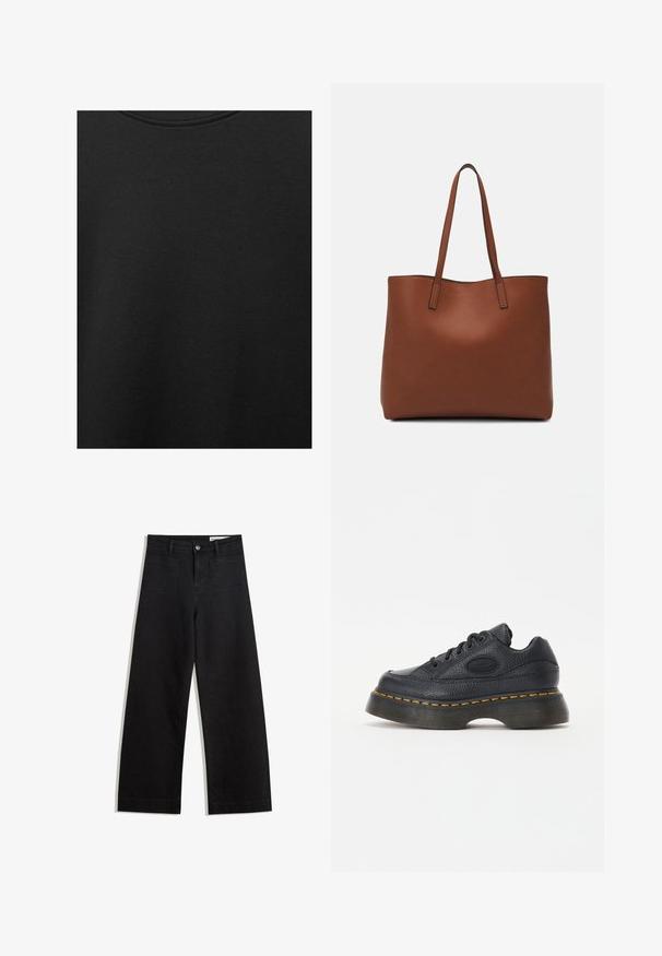 Črn bombažni material z gladko teksturo in okroglo izrezom, ki ima subtilen, enakomeren vzorec. Brez vidnih logotipov ali akcentov.; Črne široke denim hlače z visokim pasom, ki imajo sprednje in zadnje žepe, šivane šive ter gumbasto zapiranje. Gladka tekstura.; Črne usnjene superge z teksturiranim zaključkom, okroglo konico in debelim podplatnim sole. Imajo rumene akcentne šive in blagovno znamko ob strani.; Rjava usnjena torba z gladko teksturo, odprto zasnovo zgoraj in dvema naramnima trakovoma. Opremljena je z minimalnim šivanjem in brez vidnih kovinskih delov.