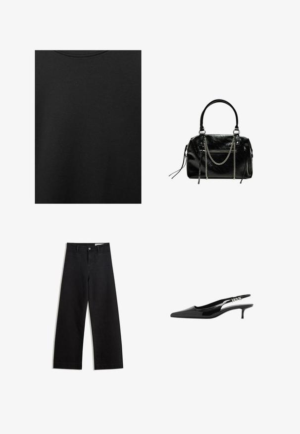 Černá bavlněná tkanina s hladkým povrchem a kulatým výstřihem, s jemným, rovnoměrným zrnem. Žádné viditelné loga ani akcenty.; Černé denimové kalhoty s volným střihem a vysokým pasem, vybavené předními a zadními kapsami, prošívanými švy a knoflíkovým zapínáním. Hladká textura.; Černá lakovaná slingback obuv s špičatou špičkou a nízkým podpatkem. Obsahuje kovový akcent po celé délce pásku pro vylepšení detailu.; Bershka WITH CHAIN - Kabelka - black