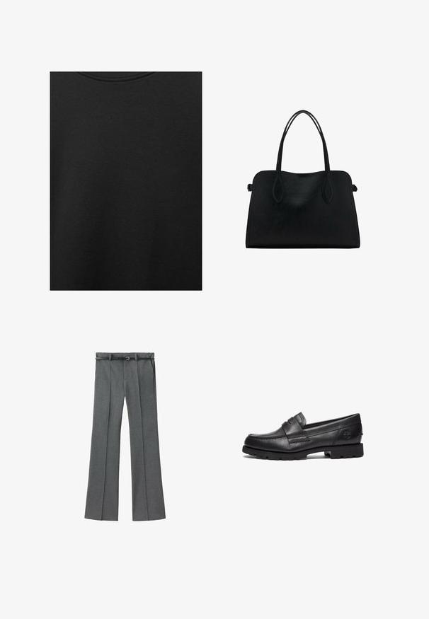 Zwarte katoen stof met een soepele textuur en een ronde halslijn, met een subtiele, gelijkmatige nerfpatroon. Geen zichtbare logo's of accenten.; Grijze op maat gemaakte broek met een recht model, lichtgewicht stof, riemlussen en een smalle riem met een zilveren gesp.; Timberland Instappers - black; Zwarte leren handtas met dubbele schouderriemen, rechthoekige vorm en minimalistisch ontwerp op een witte achtergrond.