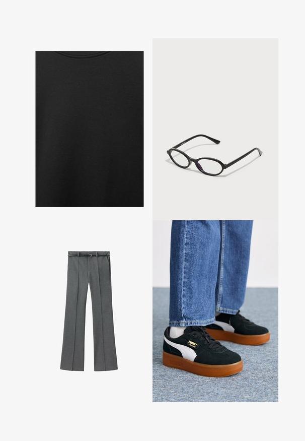 Țesătură de bumbac neagră cu o textură netedă și un guler rotund, având un model de granulație subtil și uniform. Fără logo-uri sau accente vizibile.; Pantaloni gri ajustați cu un design drept, dintr-un material ușor, cu bucle pentru curea și o curea îngustă care are o cataramă argintie.; Adidași alb-negru cu un aspect din daim și talpă din cauciuc natural. Au o marcaj aurie pe lateral și șireturi rotunde, purtati cu blugi albaștri.; Ochelari cu ramă ovală neagră, cu accente translucide de violet pe lentile. Ramele au un finisaj mat și clești subțiri, drepți.; Geantă de umăr din piele maro închis, cu o formă relaxată, deschidere largă și un singur umăr. Prezintă accente subtile de cusătură.