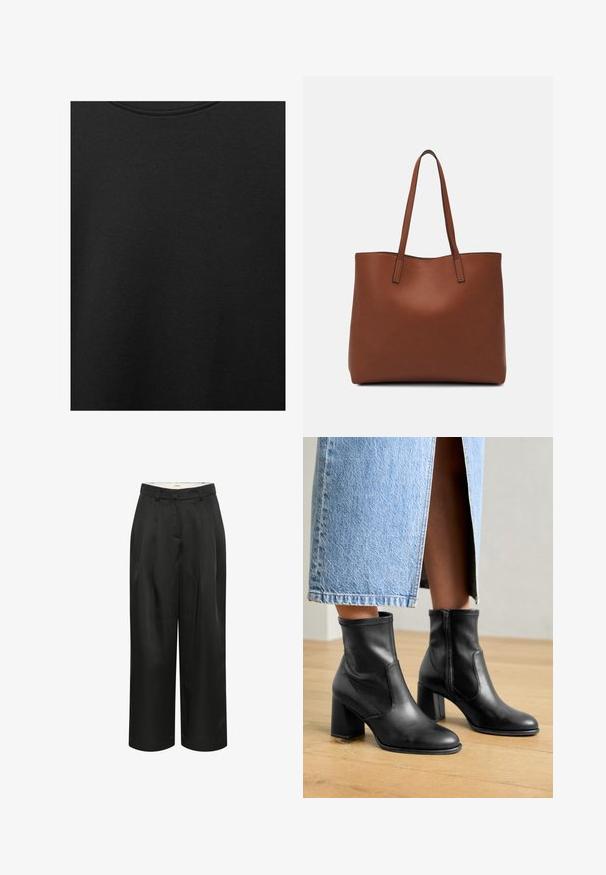 Černá bavlněná tkanina s hladkým povrchem a kulatým výstřihem, s jemným, rovnoměrným zrnem. Žádné viditelné loga ani akcenty.; Černé, zkrácené kalhoty širokého střihu vyrobené z hladkého materiálu. Obsahují přední sklady a přiléhavý pas. Jednoduchý a minimalistický design.; Černé kožené kotníkové boty na podpatku s blokovou patou, se stranovými elastickými panely a hladkým povrchem, nošené s světle modrou džínovou sukní.; Hnědá kožená taška přes rameno s hladkou texturou, otevřeným designem a dvěma ramenními popruhy. Obsahuje minimální švy a žádné viditelné kovové prvky.
