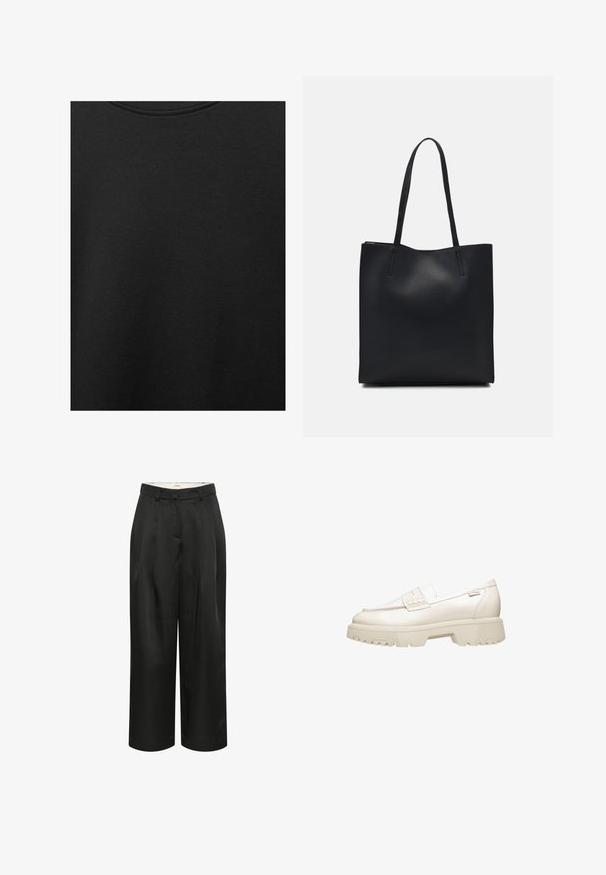 Tessuto di cotone nero con una texture liscia e scollatura rotonda, caratterizzato da un motivo a grana sottile e uniforme. Nessun logo o accento visibile.; Pantaloni larghi neri, tagliati alla caviglia, realizzati in tessuto liscio. Presentano pince frontali e una vita aderente. Design semplice e minimalista.; Scarpa in pelle bianca stile mocassino con una suola spessa e texture, e un piccolo dettaglio a fascia sulla parte superiore. Design minimalista e finitura liscia.; Borsa tote in pelle nera con texture liscia, forma rettangolare e due manici lunghi. Nessun hardware o decorazione visibile.