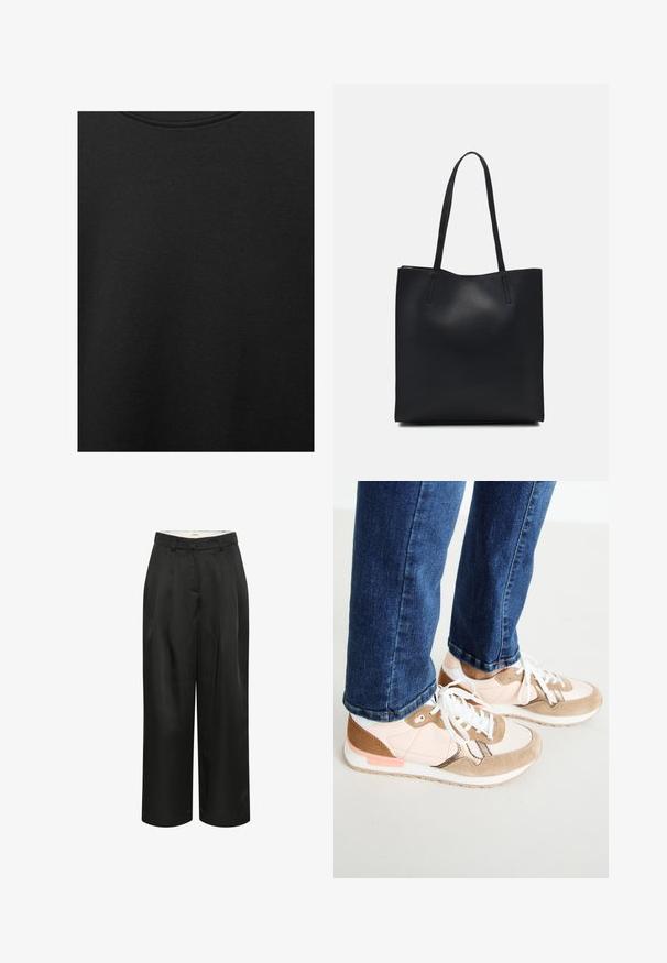 Schwarzer Baumwollstoff mit glatter Textur und Rundhalsausschnitt, der ein dezentes, gleichmäßiges Strukturmuster aufweist. Keine sichtbaren Logos oder Akzente.; Schwarze, weit zulaufende, gekürzte Hosen aus glattem Stoff. Mit vorderen Falten und einem taillierten Bund ausgestattet. Schlichtes und minimalistisches Design.; Sneaker aus einer Kombination von blush-pinkem Leder und beigem Wildleder, mit weißen Schnürsenkeln, einer weißen Zwischensohle und einer strukturierten Gummisohle. Die Jeans aus Denim sind leicht über dem Schuh gekürzt.; Schwarze Laptoptasche aus Leder mit glatter Textur, rechteckiger Form und zwei langen Griffen. Keine sichtbaren Beschläge oder Verzierungen.