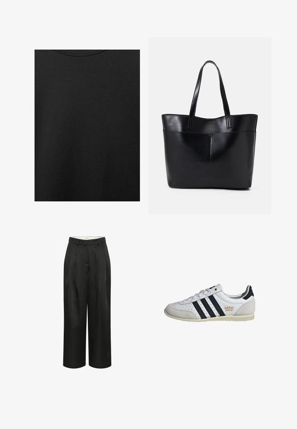 Fekete pamut anyag sima textúrával és kerek nyakkivágással, finom, egyenletes szemcsés mintázattal. Nincsenek látható logók vagy díszítések.; Fekete, rövidített, széles lábú nadrág sima anyagból. Elöl pliszék és illeszkedő derékpánt jellemzi. Egyszerű és minimalista dizájn.; Fehér sneaker fekete csíkokkal és arany logóval. Suéd és bőr anyagokból készült, perforált felsőrésszel és texturált gumitalppal rendelkezik.; Fekete bőr bevásárlótáska két hosszú fogantyúval, sima felülettel és strukturált formával. Elülső zseb található rajta a plusz tárolás érdekében.