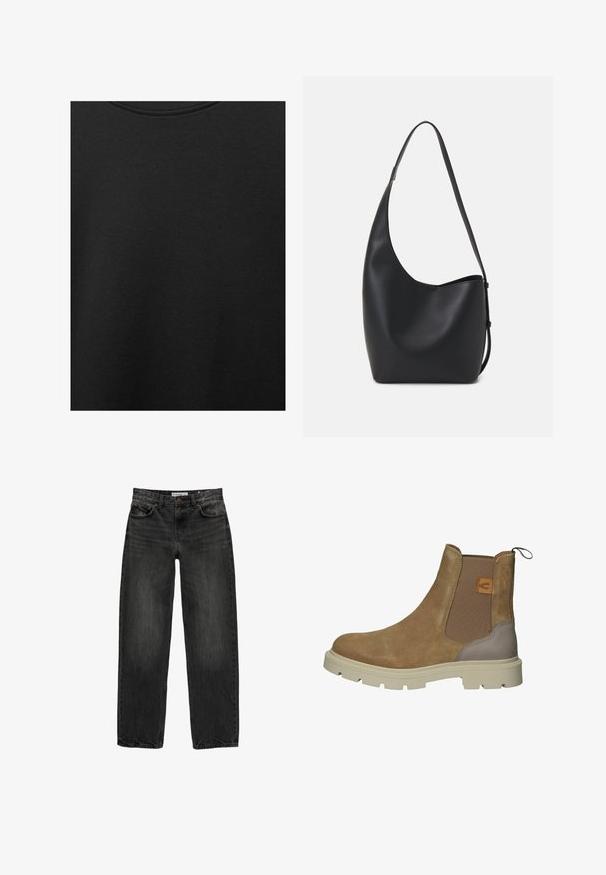 Schwarzer Baumwollstoff mit glatter Textur und Rundhalsausschnitt, der ein dezentes, gleichmäßiges Strukturmuster aufweist. Keine sichtbaren Logos oder Akzente.; Schwarze Jeans aus Denim mit lockerer Passform, geradem Bein, fünf Taschen-Design und einer leicht gewaschenen Textur. Knopf- und Reißverschluss vorne.; camel active Ankle Boot - beige/earth; Schwarze Leder-Hobo-Tasche mit einer glatten Textur, geschwungener Form und einem einzelnen verstellbaren Tragegurt; verfügt über eine weite Öffnung am oberen Ende.