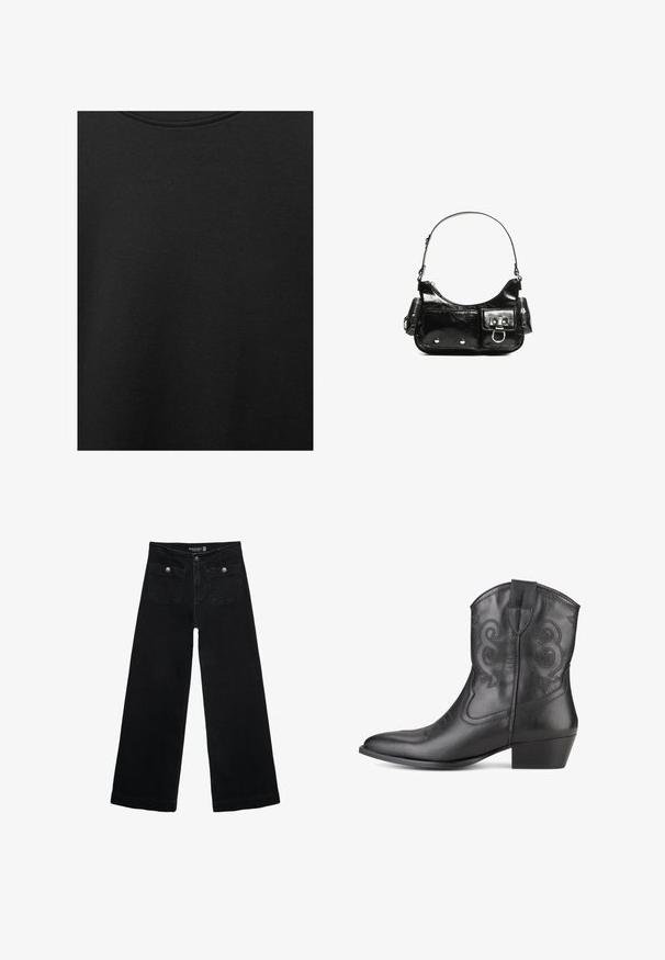 Tessuto di cotone nero con una texture liscia e scollatura rotonda, caratterizzato da un motivo a grana sottile e uniforme. Nessun logo o accento visibile.; Jeans neri a gamba larga con vita alta, dotati di due tasche frontali e dettagli in metallo sui bottoni. Il tessuto ha una texture liscia.; Stivale da cowboy in pelle nera con punta appuntita, cuciture decorative sul gambale e tacco impilato. Texture liscia e senza hardware visibile.; Borsa a spalla in vernice nera con forma curvata, una tracolla, tasche frontali e dettagli in metallo argentato.