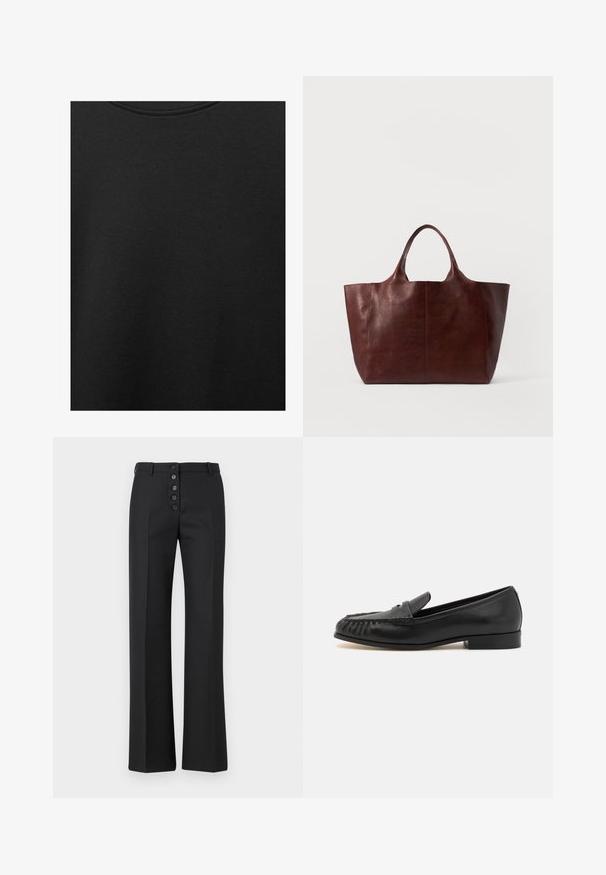 Sort bomuldsstof med glat struktur og rund halsudskæring, prydet med et subtilt, jævnt kornmønster. Ingen synlige logoer eller accenter.; The Kooples PANTALON - Bukser - black; Sorte læder loafers med en rund tå, der har et vævet design foran, lav hæl og glat finish. Ingen yderligere udsmykninger.; Brun læder tote taske med en glat tekstur, bred krop og to korte håndtag. Har minimal syning, ingen synlig hardware eller accenter.