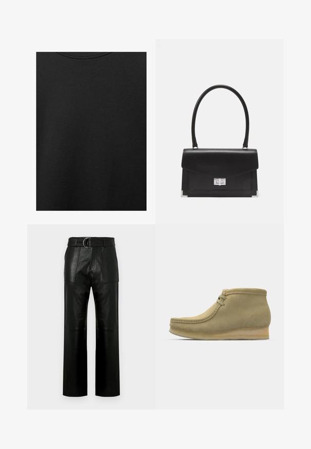 Crni pamučni materijal s glatkom teksturom i okruglim izrezom, s nježnim, ravnomjernim uzorkom. Nema vidljivih logotipa ili akcenata.; Hlače od crne kože visokog struka s širokim nogavicama, velikim prednjim džepovima i odgovarajućim remenom s dvostrukom kopčom.; Bež nubuk čizme do gležnjeva s zaobljenim vrhom, minimalnim šavovima, malom petom i vezanjem koje omogućava prilagodljivo pristajanje.; Crna kožna torba s strukturiranim dizajnom, gornjom drškom i srebrnim kopčanjem. Ima naglaske na kutovima i glatku teksturu.