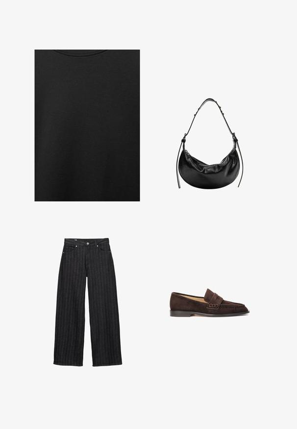 Schwarzer Baumwollstoff mit glatter Textur und Rundhalsausschnitt, der ein dezentes, gleichmäßiges Strukturmuster aufweist. Keine sichtbaren Logos oder Akzente.; Weite Jeans aus dunkelgrauem Denim mit vertikalen Streifen, ausgestattet mit einem Knopfverschluss, zwei Fronttaschen und einem geraden Saum.; Braune Wildleder-Läufer mit abgerundetem Zehenbereich, ausgestattet mit einer flachen schwarzen Sohle und einem dekorativen Riemenakzent über dem Spann. Glatte Textur.; Schwarze Leder-Handtasche mit einer Halbmondform, glatter Oberfläche und verstellbarem Tragegurt, mit subtilen Hardware-Details. Sichtbarer Reißverschluss.