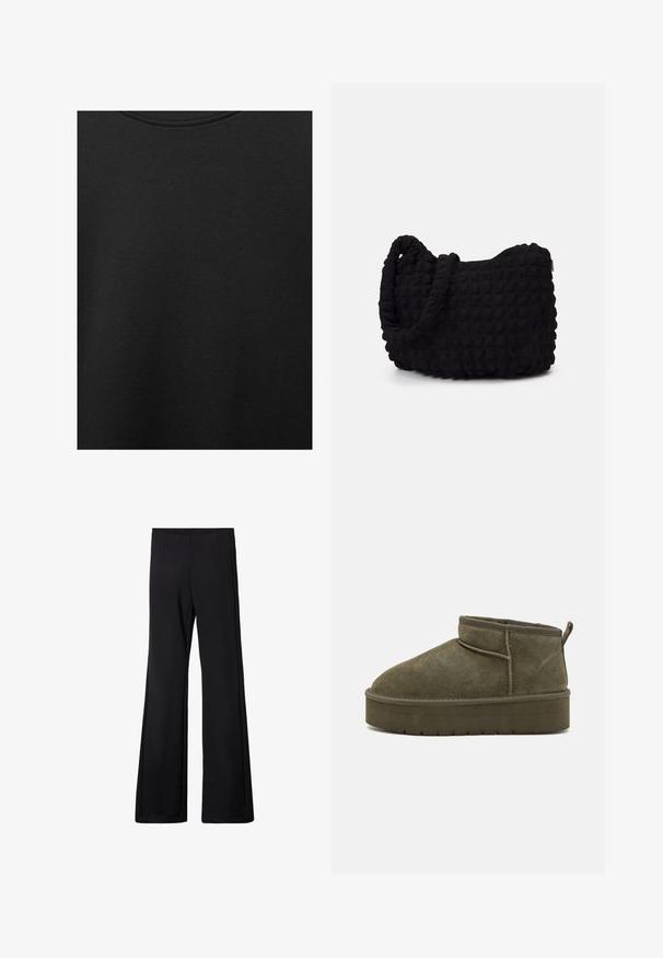 Svart bomullstyg med slät textur och rund halsringning, med ett subtilt, jämnt kornmönster. Inga synliga logotyper eller dekorationer.; Svarta utsvängda byxor med elastisk midja, tillverkade i ett mjukt, stretchigt tyg, med en slät yta och utan synliga mönster eller hårdvara.; Olivgröna mocka ankelstövlar med rundad tå, sydda detaljer och en tjock sula med ett strukturerat mönster. Liten dragflik bak.; Svart tygväska med en strukturerad, vadderad yta. Rund form, korta, tjocka handtag och en mjuk, flexibel struktur.