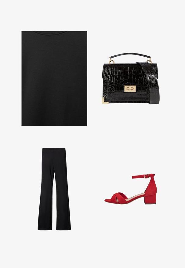 Schwarzer Baumwollstoff mit glatter Textur und Rundhalsausschnitt, der ein dezentes, gleichmäßiges Strukturmuster aufweist. Keine sichtbaren Logos oder Akzente.; Schwarze, ausgestellt geschnittene Hose mit einem elastischen Bund, hergestellt aus einem weichen, dehnbaren Stoff. Sie hat eine glatte Oberfläche und keine sichtbaren Muster oder Beschläge.; Rote Wildleder-Sandaletten mit offenem Zehenbereich, featuring einem Blockabsatz und einem Knöchelriemen mit einer metallischen Schnalle, Kreuzriemen-Design und glatter Textur.; Schwarz lackierte Handtasche mit Krokodilstruktur, goldfarbenen Hardware, einem oberen Griff und einem abnehmbaren Schulterriemen. Rechteckige Form mit Klappenverschluss.