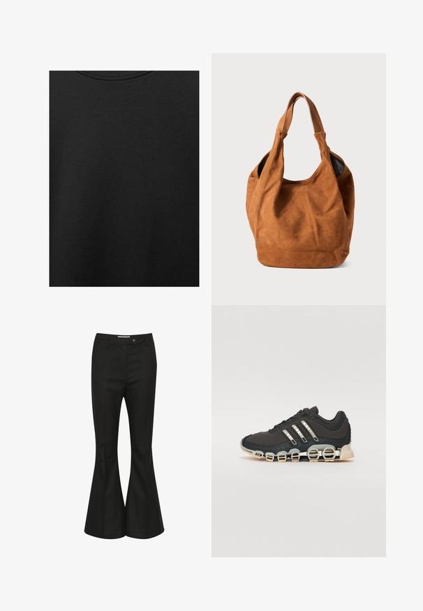 Fekete pamut anyag sima textúrával és kerek nyakkivágással, finom, egyenletes szemcsés mintázattal. Nincsenek látható logók vagy díszítések.; Fekete, enyhén bővülő nadrág sima anyagból, magas derekú, elöl gombos záródással és elegáns, testhezálló fazonnal.; Fekete sportcipő texturált felsőrésszel, három ezüst csíkkal, és egy jellegzetes párnázott talppal, amely több integrált szakaszból áll.; Barna velúr válltáska puha textúrával, ívelt formával és két füllel. Jellemzője a minimalista dizájn, amelyen nincsenek látható fémrészletek vagy díszítések.