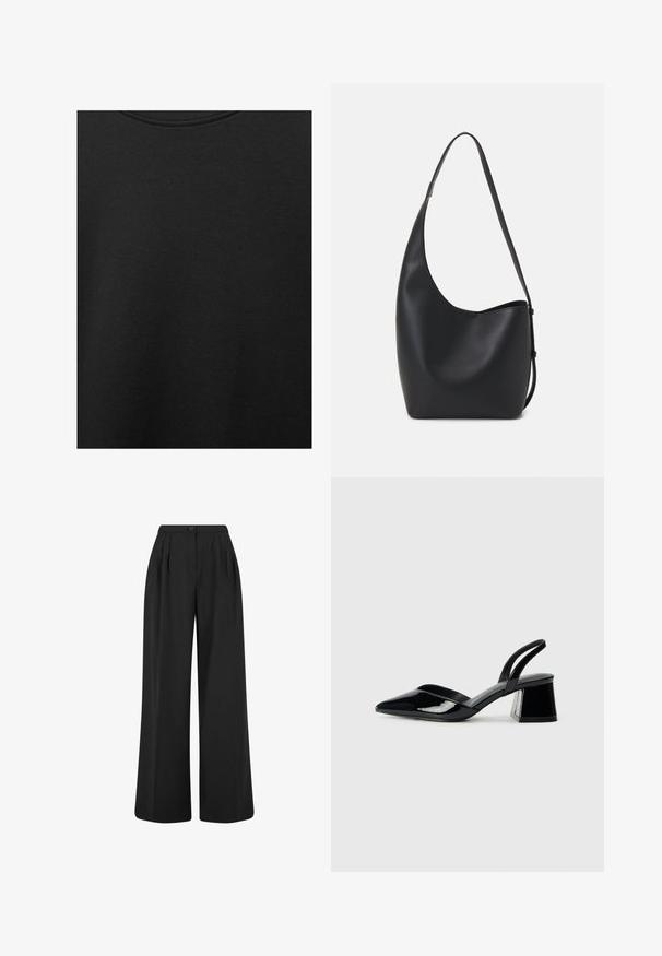 Černá bavlněná tkanina s hladkým povrchem a kulatým výstřihem, s jemným, rovnoměrným zrnem. Žádné viditelné loga ani akcenty.; Černé široké kalhoty s vysokým pasem, předními sklady a jedním knoflíkem na zapínání. Hladká tkanina s čistým, minimalistickým designem.; Černé lakované kožené lodičky na pásku s špičatou špičkou a geometrickým blokovým podpatkem. Vyznačují se elegantním, minimalistickým designem a hladkým povrchem.; Černá kožená hobo taška s hladkým povrchem, zakřiveným tvarem a jedním nastavitelným popruhem; má široké otevírání nahoře.