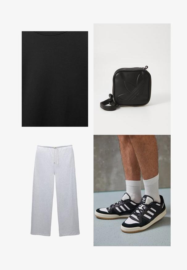 Crni pamučni materijal s glatkom teksturom i okruglim izrezom, s nježnim, ravnomjernim uzorkom. Nema vidljivih logotipa ili akcenata.; PULL&BEAR Donji dijelovi trenirke - grey; Crne i bijele tenisice s gornjim dijelom od antilopa i kože, s tri bijele pruge, perforiranim prstom i gumiranim potplatom.; Crna kvadratna torbica preko tijela napravljena od teksturiranog sintetičkog materijala. Ima urezani dizajn logotipa i podesivu traku. Zatvaranje na patentni zatvarač.